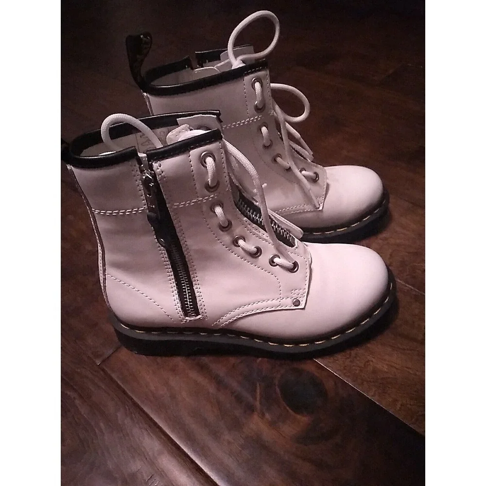Dr. Martens Zip Front Leather Ankle Boots White Fashion Combat Boots‎
